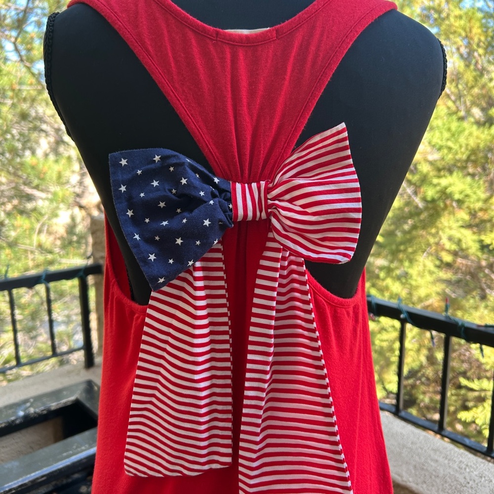 4th of July Tunic Tank Top Sleeveless Red Top with Patriotic Bow American Flag